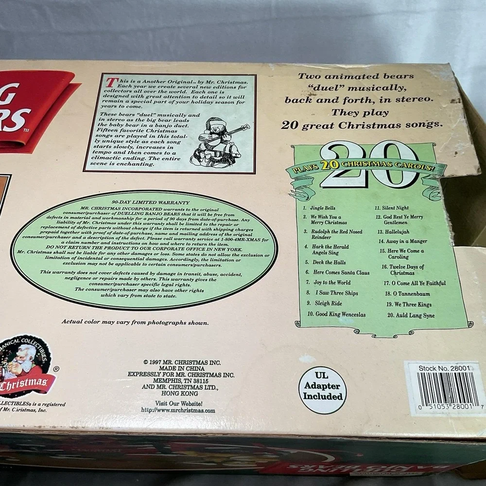 Mr. Christmas Dueling Banjo Bears Animated Musical 20 Songs 1997 Works W/ Box